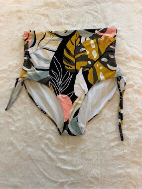 High-Waist Tropical Print Swim Bottoms in Black, Mustard & Pink
